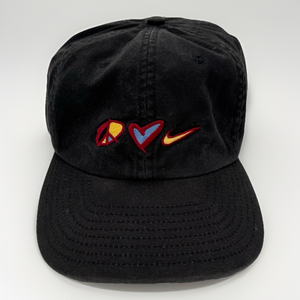 Vintage Nike Hat 90s Peace Love Swoosh Black Strap Back Cap Made in USA Rare‎